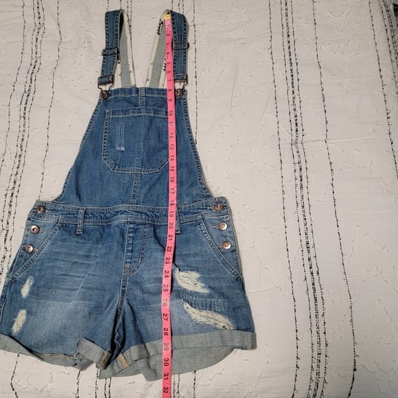 Forever 21 Womens Size 28 Denim Overall Shorts Distressed Destroyed Med … - Picture 4 of 6